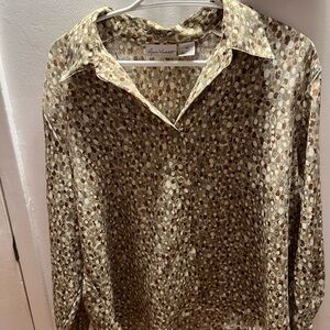 Gloria Vanderbilt Cream and Brown Patterned Blouse
